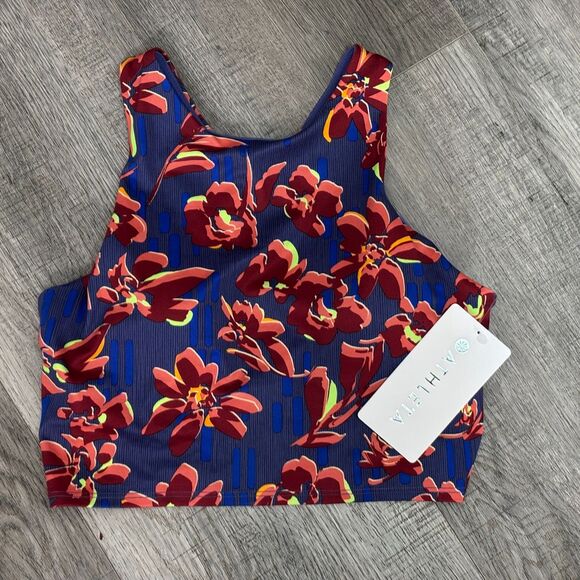 Athleta Conscious Crop Top Blue Purple Floral Removable Pads Size S NWT - Picture 1 of 9